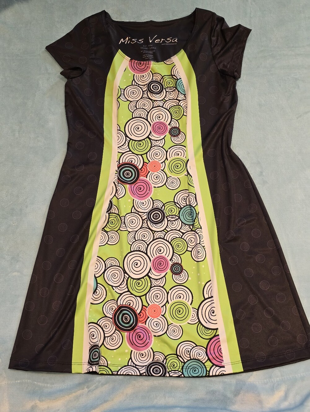 Sz L Miss Versa Retro Mod 60s Optical Swirl Print Travel Dress Stretch A-Line